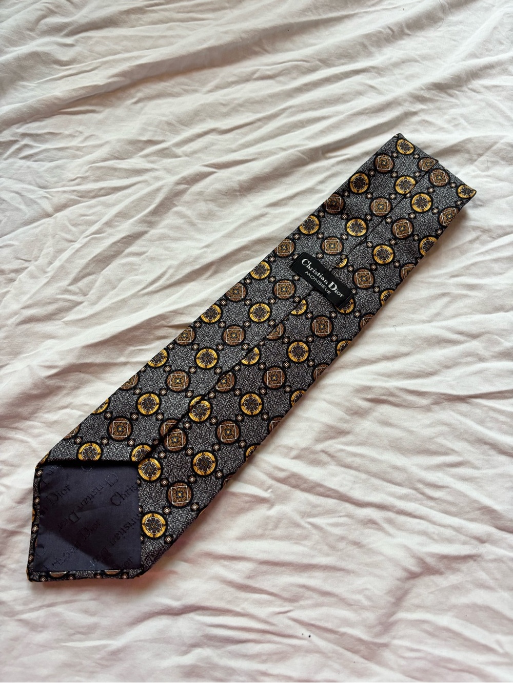 Dior Black Tie with Gold and Brown Medallion Pattern